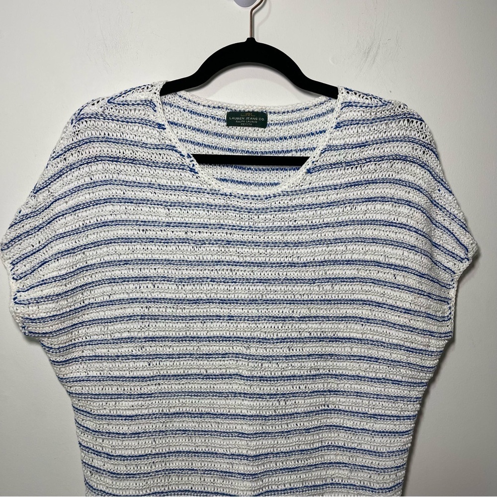 Lauren Ralph Lauren Blue White Striped Open Knit Short Sleeve coastal Top MP - Picture 2 of 9